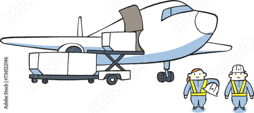 航空貨物の現場で働く人々　トーイングトラクター　セット　イラスト素材

