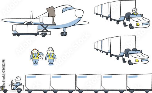 航空貨物の現場で働く人々　トーイングトラクター　セット　イラスト素材
