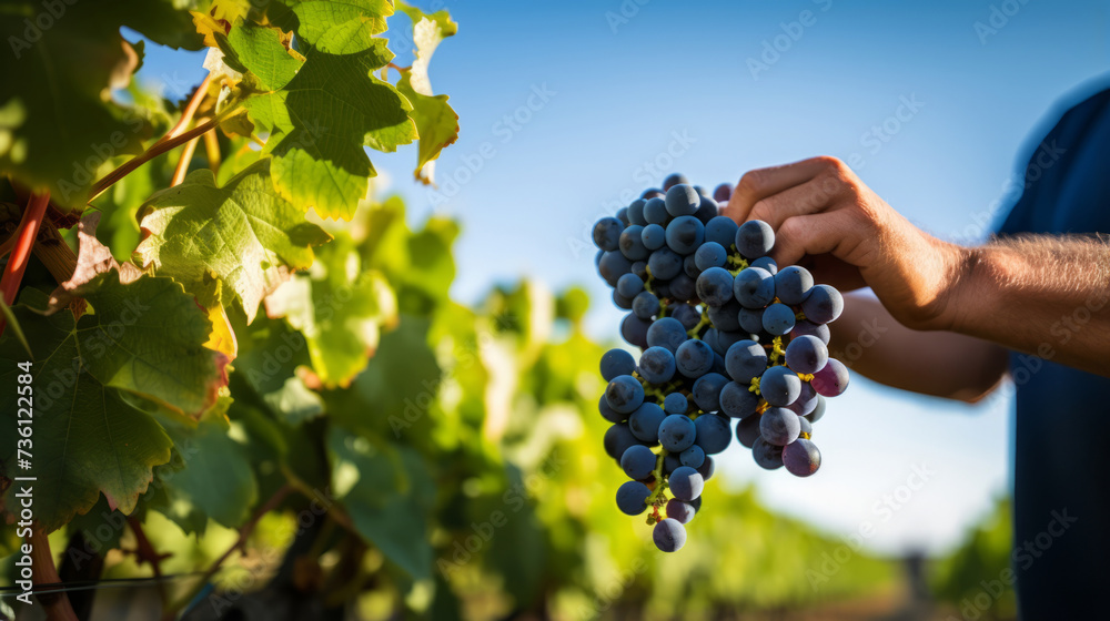 close up of vineyard worker's hands harvesting blue grapes under the bright, clear sky of a sunny day. The vibrant colors of the ripe grapes contrast beautifully with the blue sky