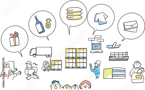 生活を支える物流、ロジスティクスと働く人々　セット　イラスト素材	
