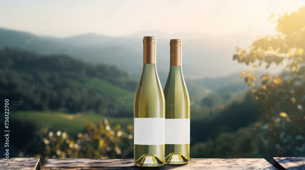 two wine bottles with white blank labels for mockup, set against a backdrop of rolling vineyard hills in the early morning mist