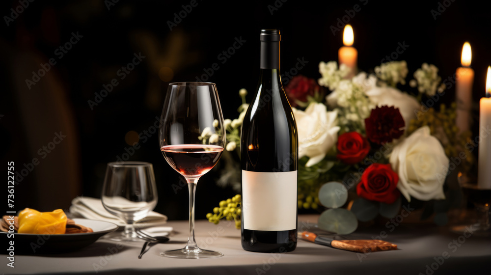romantic table setting with flower bouquet and wine bottle with white blank label for mockup 