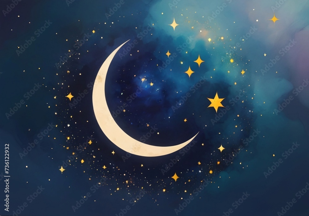 golden crescent moon and stars against a mystical night sky golden crescent moon and stars against a mystical night sky