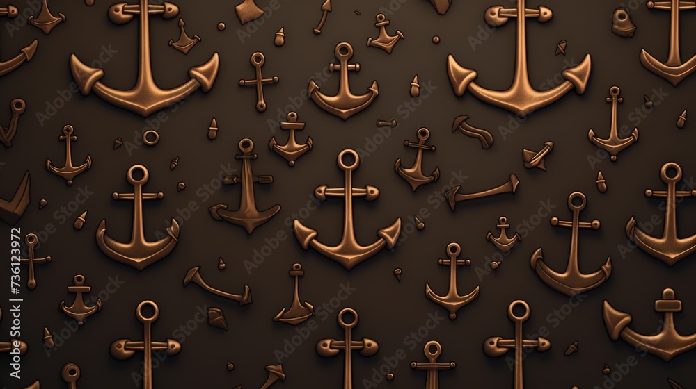 Background with minimalist illustrations of anchors in Bronze color