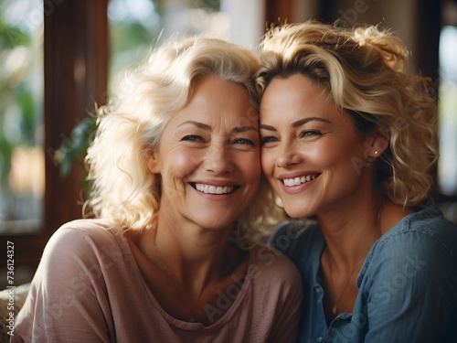 A happy blonde elderly mom and her young daughter posing at home, their toothy smiles and laughter radiating pure joy and love.