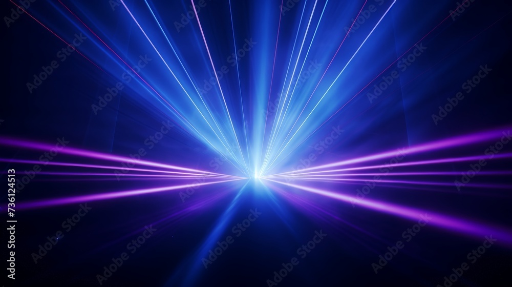 Fototapeta premium Blue and violet beams of bright laser light shining on black background