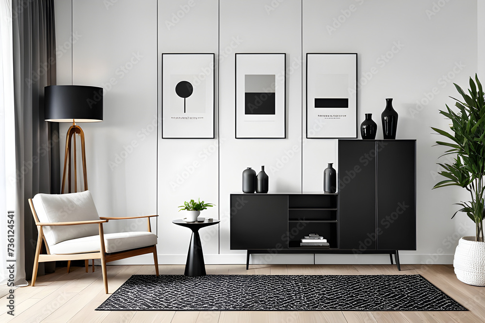 White Modern living room interior with stylish comfortable room with wooden cabinet, black lamp,interior mock-up,wooden floor
