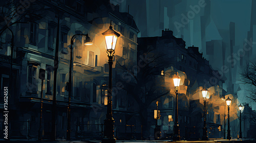 Street lamps in the night made with AI generative.