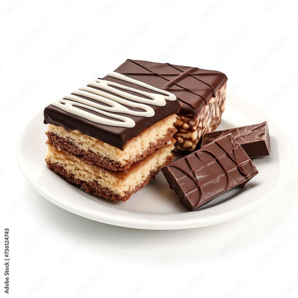 a chocolate cake and biscuits on white rectangular plate a chocolate cake and biscuits on white rectangular plate