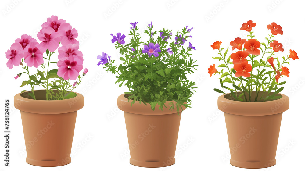3 set of flower pot, isolated on transparent background