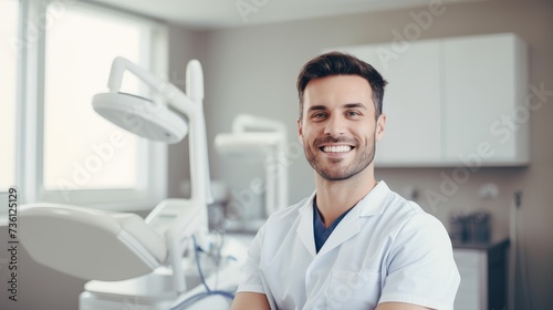 Dentist man smiling while standing in dental clinic. Portrait of confident a young dentist working in his consulting room photo