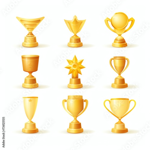 3d gold trophy icon, simple color, and simple shapes variations sheet, white background