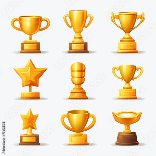 3d gold trophy icon, simple color, and simple shapes variations sheet, white background