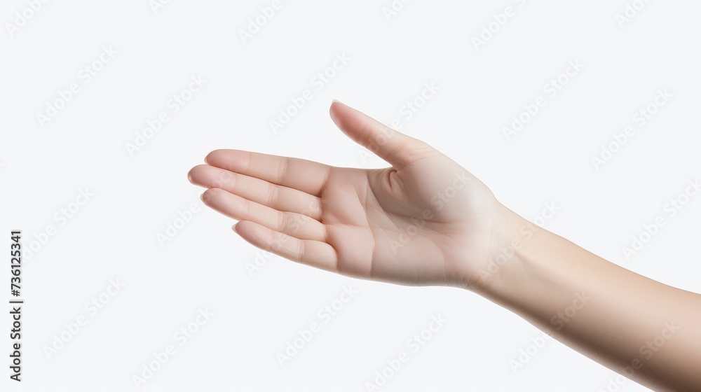 Elegant female palm or wrist isolated on white. Variation of closed woman palm and an open palm with fingers to sides