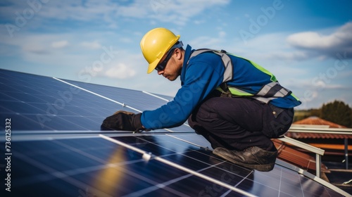 Electromechanical solar panel technician install, assemble photovoltaic systems on roof based on site assessment and schematic design. Energy efficiency efforts promote future sustainable development photo