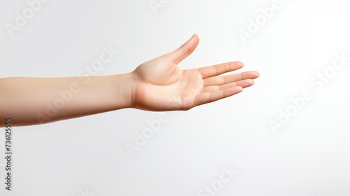 Female hand makes a gesture like handing some kind of hanging object as keys to the other outstretched hand isolated on a white background. Mockup with empty copy space for a intended object. Handover