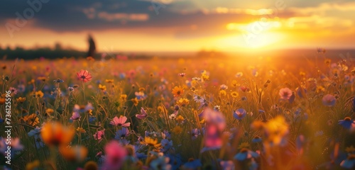 A field of wildflowers stretching endlessly towards the horizon, their colorful petals swaying gently in the breeze under the golden glow of the late afternoon sun.