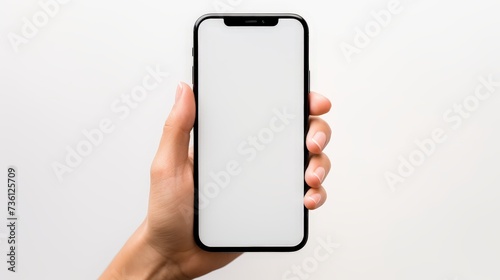 Female hands holding modern cellphone. Close up of woman hands holding smart phone with blank screen. Empty smartphone white screen ready for your app to be placed isolated on white background