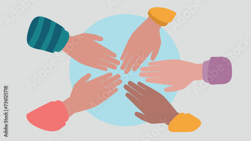 Vektor-Illustration von Menschen, die ihre Hände zusammenhalten, um den Teamgeist zu beschwören - Stock Graphics