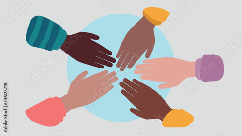 Vektor-Illustration von Menschen, die ihre Hände zusammenhalten, um den Teamgeist zu beschwören - Stock Graphics