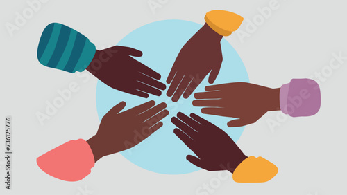 Vektor-Illustration von Menschen, die ihre Hände zusammenhalten, um den Teamgeist zu beschwören - Stock Graphics