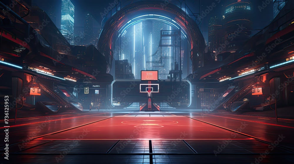basketball court inside a altered carbon city