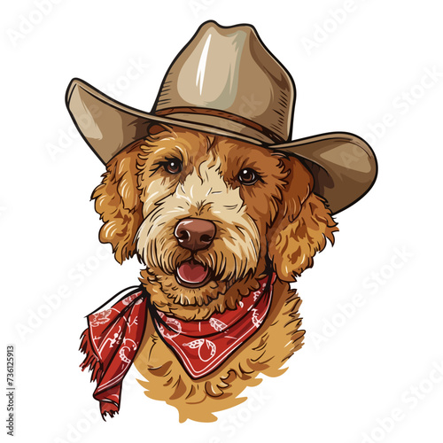 Golden Doodle dog Head wearing cowboy hat and bandana around neck