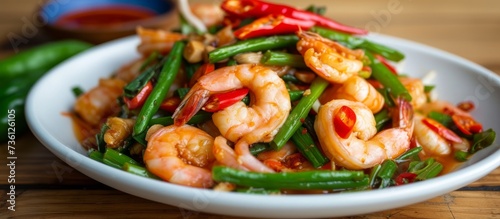 Delicious bowl of food with fresh shrimp, spicy peppers and aromatic herbs on a wooden table