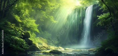Serene forest scene with a waterfall  sunlight dappling the water s surface amidst emerald foliage.
