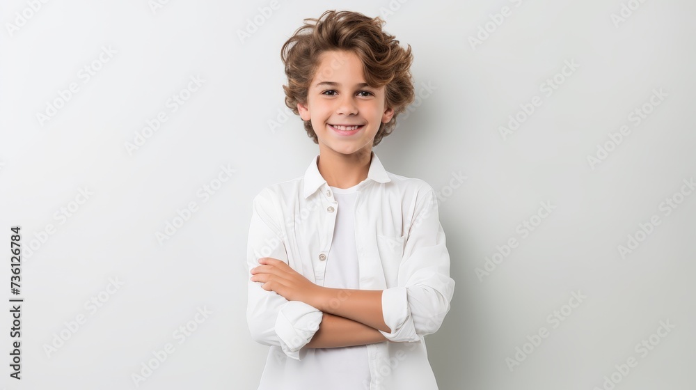 Happy young caucasian boy in casual outfit with arms crossed isolated over white background Happy young caucasian boy in casual outfit with arms crossed isolated over white background