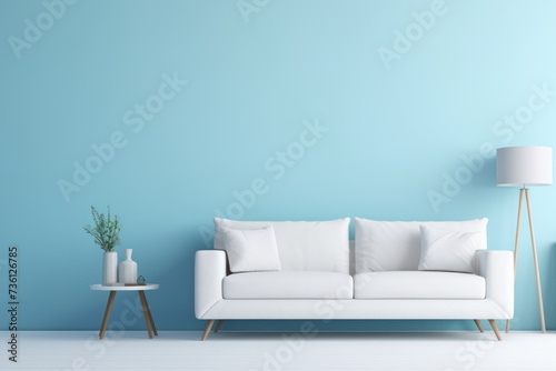 Modern living room with white sofa, blue wall and green plant.