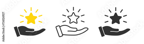 Hand holding star icon. Person award sign. Service quality. Client rating. Best rating. Winner prize.