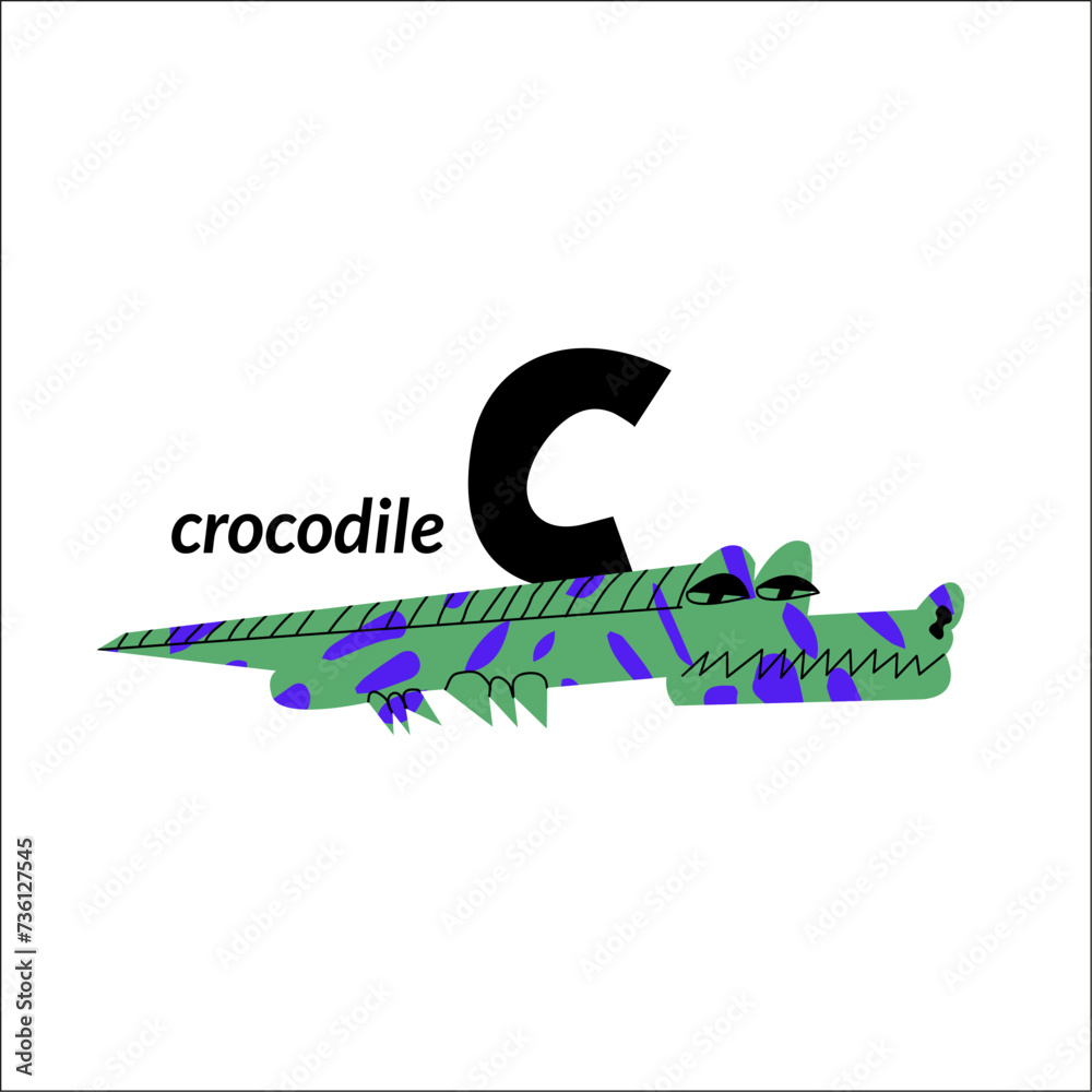 Vector illustration with crocodile and English capital letter C. childish alphabet for language learning