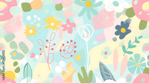 Seamless spring pattern with flowers on the pastel light blue background. 
