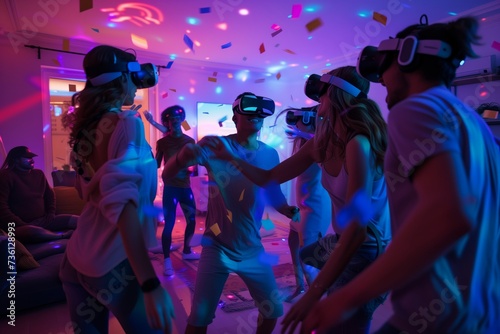 Lively group of young adults engaged in a virtual reality experience at a home party