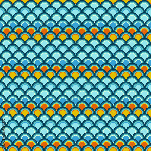Antique wave pattern created from semi-circular curves in dark blue tones. Light blue overlapping with orange and yellow dotted in a multi-layered pattern that cascades endlessly.