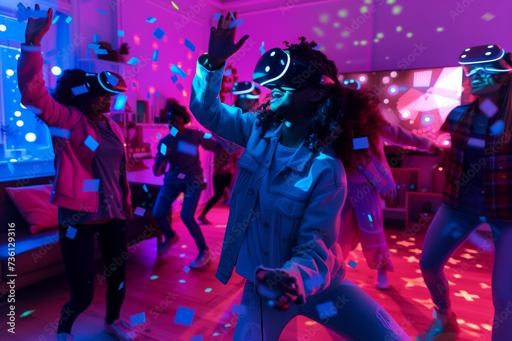 Lively group of young adults engaged in a virtual reality experience at a home party Lively group of young adults engaged in a virtual reality experience at a home party