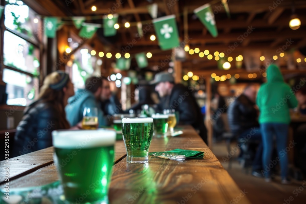 Festive St. Patrick's Day gathering, featuring traditional ale in glasses lined up on wooden bar, surrounded by holiday decor, with blurred figures of cheerful attendees in background. Generated AI