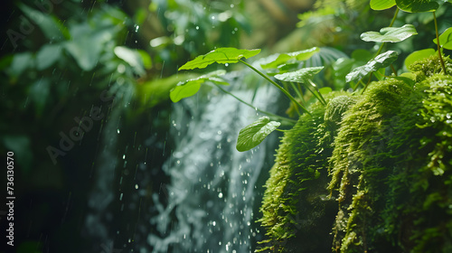 Lush Vegetation Macro: Close-Up Shot Revealing Intricate Details of Moss and Ferns Near Waterfall
