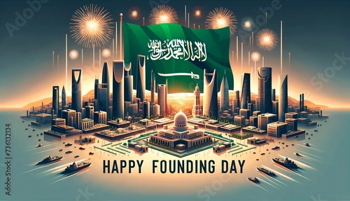 Illustration representing saudi arabia founding day celebration with city skyline and fireworks.