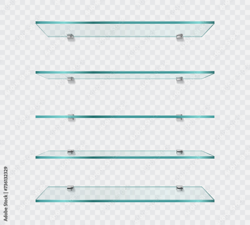 Realistic empty shop glass shelf or shelves on wall with vector transparent background. Modern clear glass shelf stand or bookshelf and showcase rack panel for interior or exhibition display of glass Realistic empty shop glass shelf or shelves on wall with vector transparent background. Modern clear glass shelf stand or bookshelf and showcase rack panel for interior or exhibition display of glass