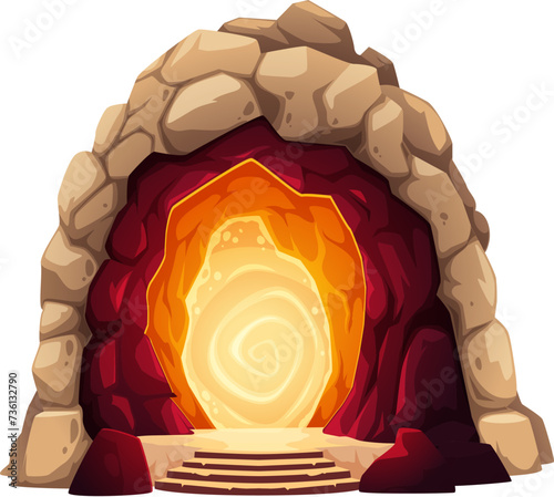 Portal door, fantasy game magic gate in stone rock arch, cartoon vector. Parallel world entrance portal with energy circle for time and space teleport, wizard doorway portal to other dimension