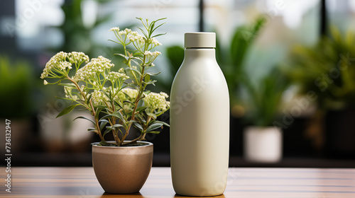 Green plants in vase. House atmosphere. Mockup of white blank supplement bottle on table. Farmacy and medicine concept. Selective focus. Copy space.  photo