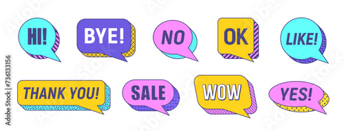 Memphis speech bubbles isolated vector set. Vibrant dialog elements or clouds featuring bold colors, thick outlines and dynamic visual typography hi, bye, no, ok and like, thank you, sale, wow and yes