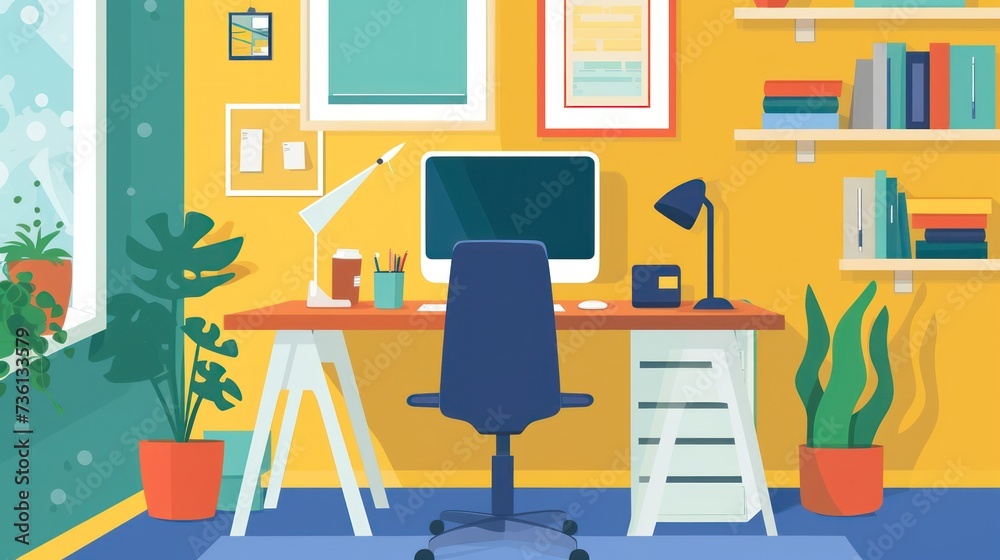 Flat style illustration of cozy home office with modern desk, indoor plants, and wall art Flat style illustration of cozy home office with modern desk, indoor plants, and wall art