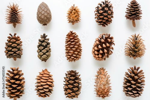 Various types of pine cones arranged on a white background