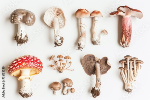 Collection of various wild mushrooms isolated on white background