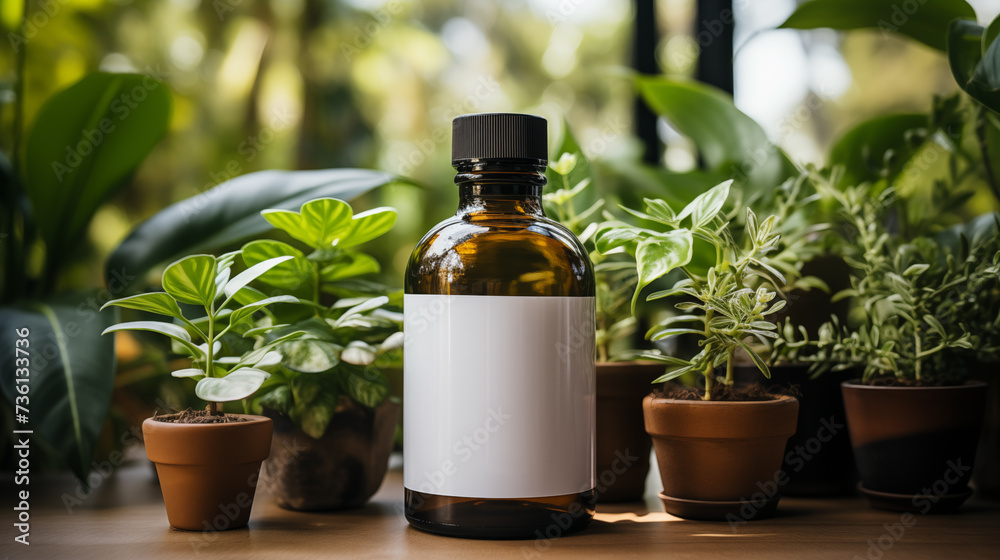 Green plants background. Mockup of blank glass supplement bottle on the table. Farmacy and medicine concept. Selective focus. Copy space. Green plants background. Mockup of blank glass supplement bottle on the table. Farmacy and medicine concept. Selective focus. Copy space.