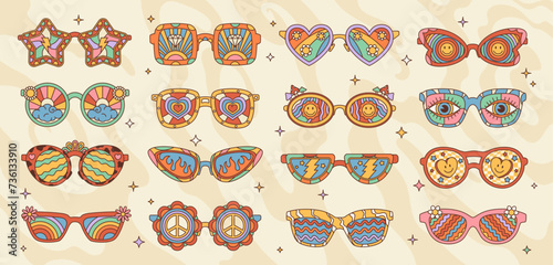 Retro outfit groovy funky sunglasses and hippie eyewear sunglasses with rainbows, cartoon vector. Hippie retro art or vintage eyeglasses with groovy hearts and flowers, funky eyes and peace signs