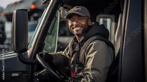 Happy black professional driver getting out of his truck and looking at camera. copy space for text.